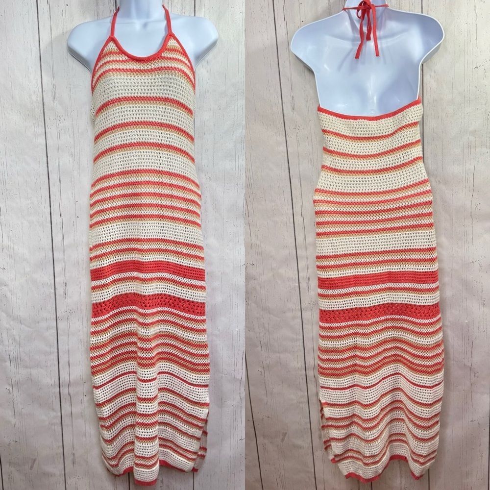 Freshmanโ1996 Y2K Crochet Halter Maxi Dress Coral Cream Striped Boho Festival M